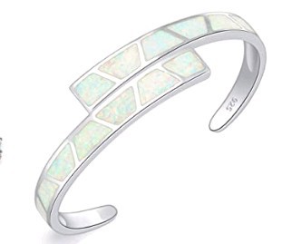 Womens White Fire Opal Bangle, Rhodium Fill, October birthstone, Christmas Gift