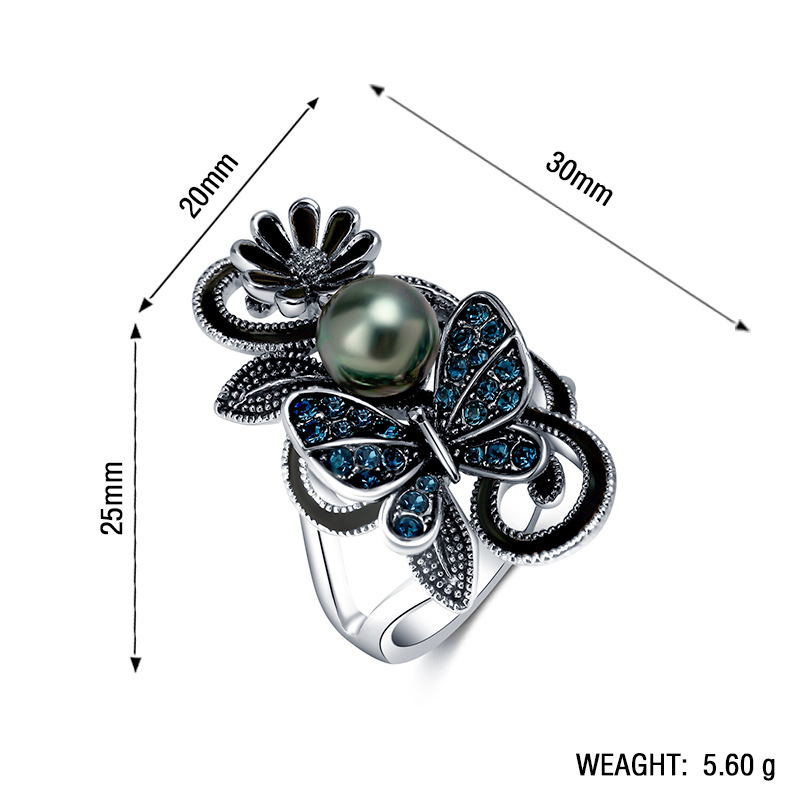 Simple Ink Blue Pearl Butterfly Diamond Female Ring