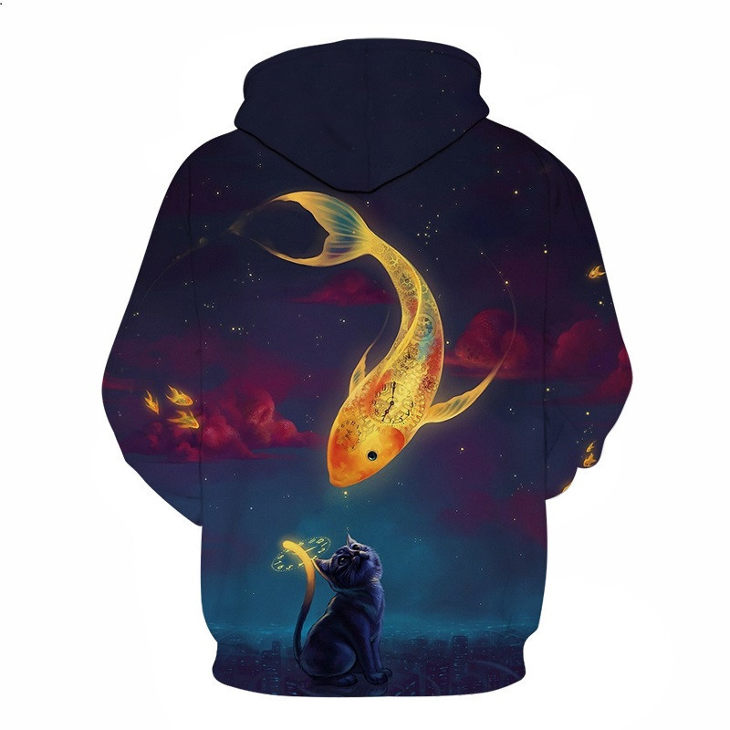 Digital Print Goldfish And Cat Men's Hooded Sweatshirt