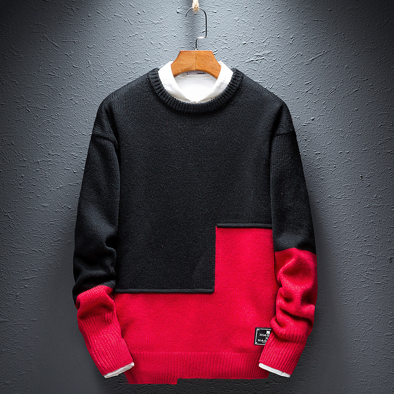 Personality Stitching Sweater Men's Round Neck Warm Knit Sweater