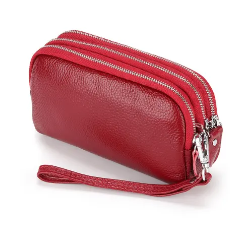The First Layer Cowhide Women's Clutch Three-Layer Zipper Wrist