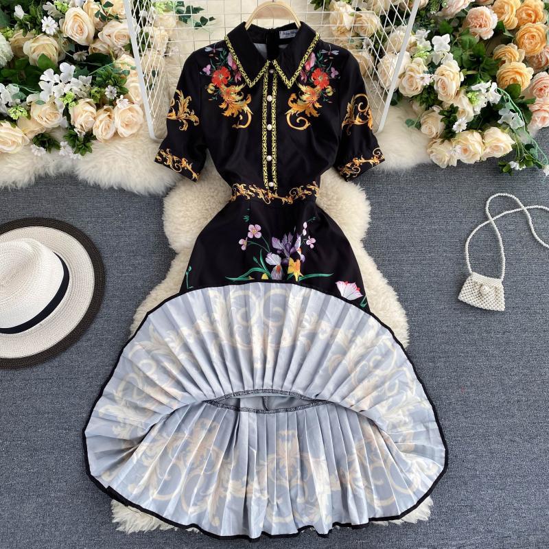 Shirt Collar Short Sleeve Retro Palace Style Printed Dress