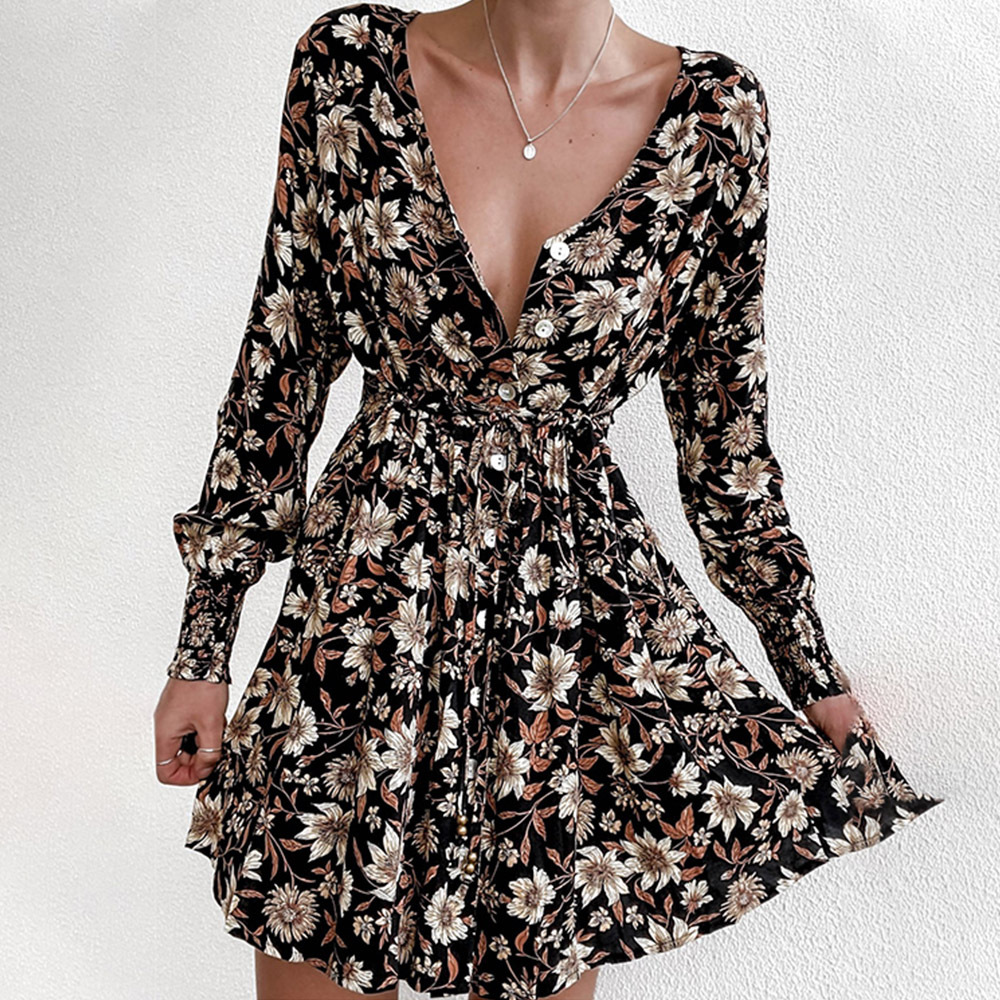 European And American Beauty Dress Black Print Sexy V-Neck Dress