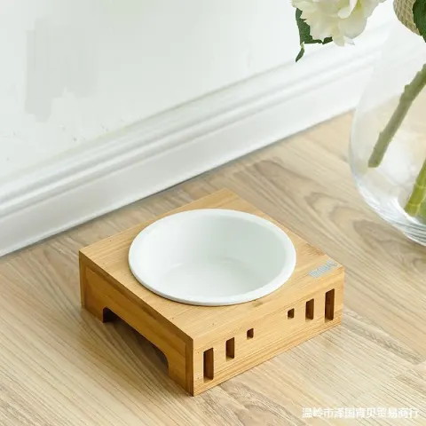 Solid Wood Frame Rice Bowl Ceramic Cat Food Pet
