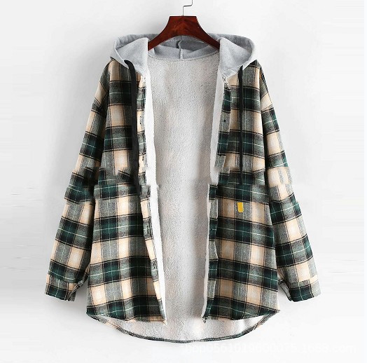 Women's Hooded Loose Plaid Long Sleeve Shirt Jacket