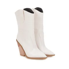 Pointed Thick Heel White Boots Women's Western Cowboy Boots - White - View 1