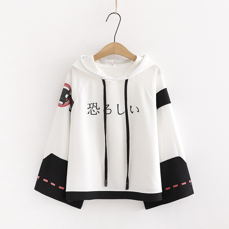 Title 5, Cartoon Print Contrast Color Hooded Sweater Blouse