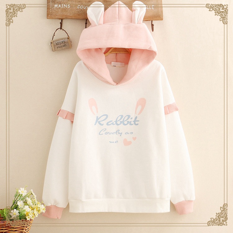 Title 2, Lace Rabbit Print Hooded Plus Fleece Warm Sweater