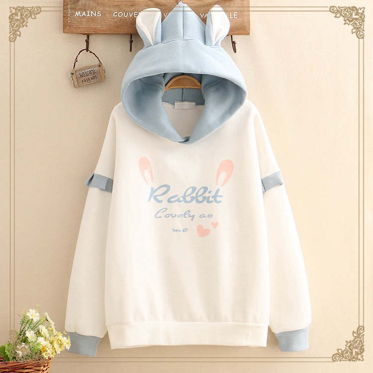 Title 3, Lace Rabbit Print Hooded Plus Fleece Warm Sweater