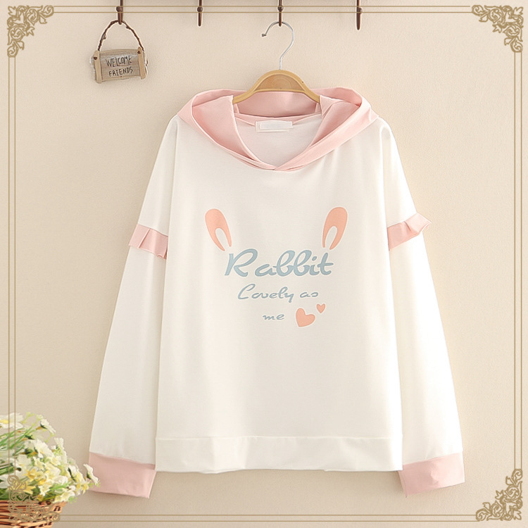 Title 6, Lace Rabbit Print Hooded Plus Fleece Warm Sweater