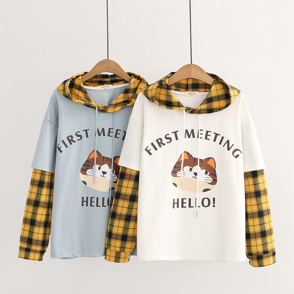 Title 2, Cat Plaid Collar Hooded Long Sleeve Sweatshirt