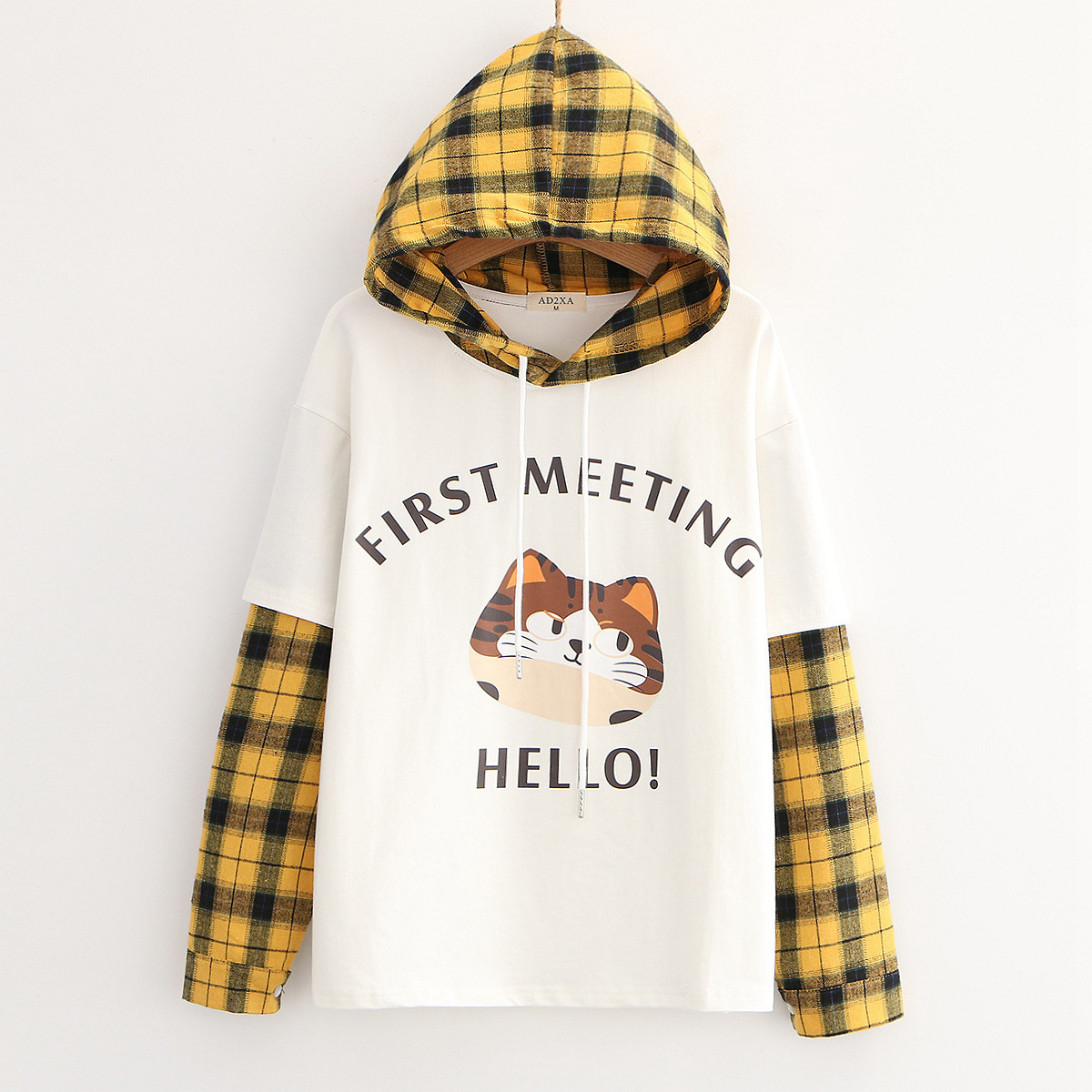 Title 6, Cat Plaid Collar Hooded Long Sleeve Sweatshirt