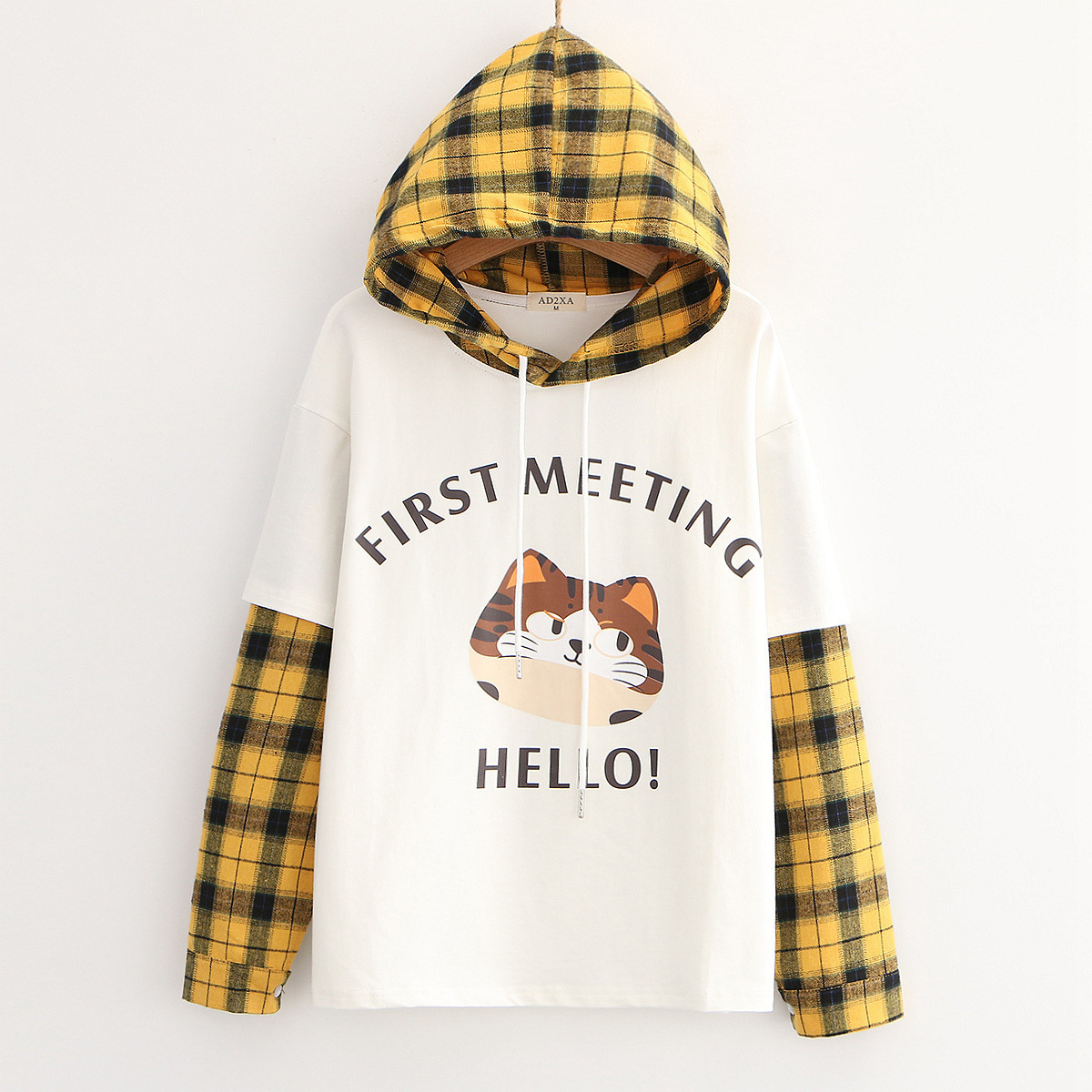 Cat Plaid Collar Hooded Long Sleeve Sweatshirt