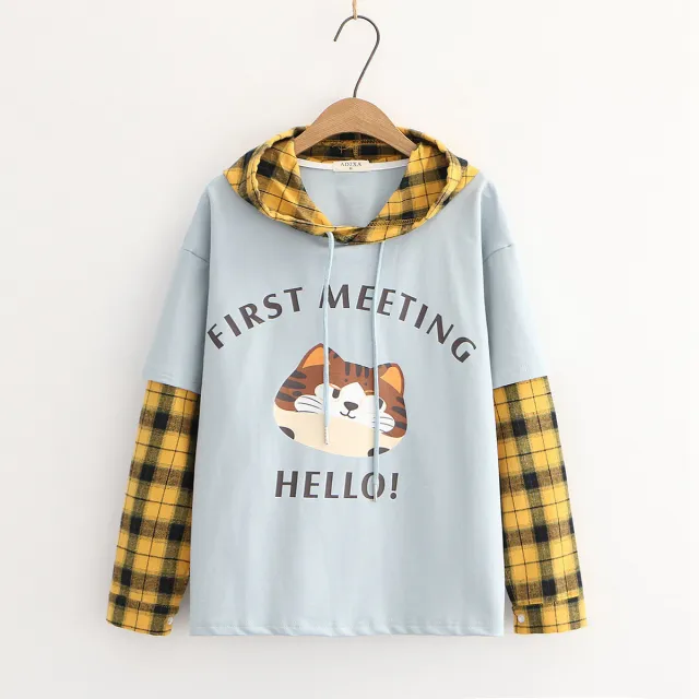 Cat Plaid Collar Hooded Long Sleeve Sweatshirt Blue - Shop at LoveMi