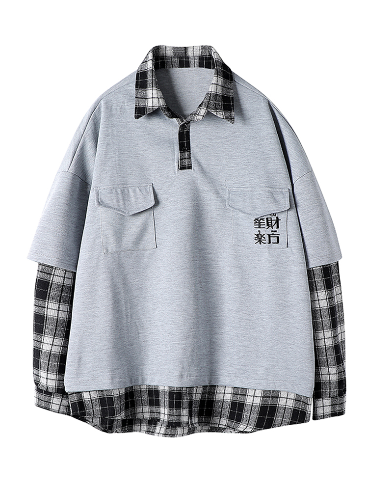 Fake Two Casual Stitching Plaid Sweater Shirt