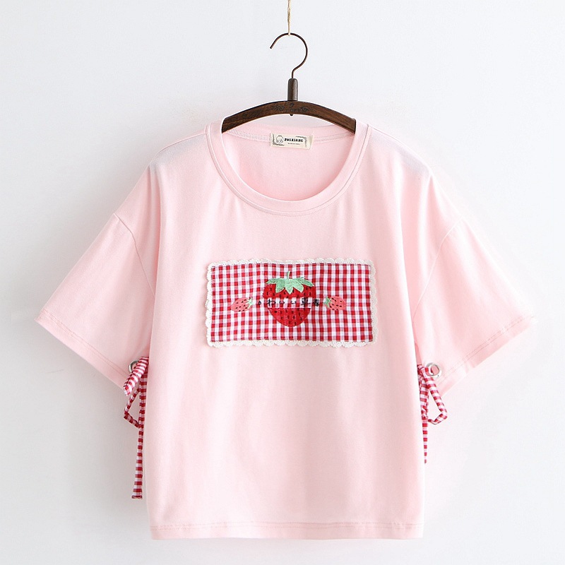 Small Fresh Casual Box Strawberry Embroidery Eyelet Lace-Up Cuff Short-Sleeved T-Shirt Women