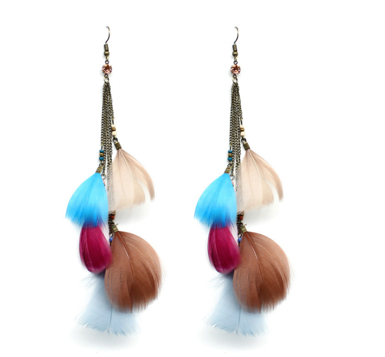 Color Feather Tassel Long Multi-Layer Hook Earrings