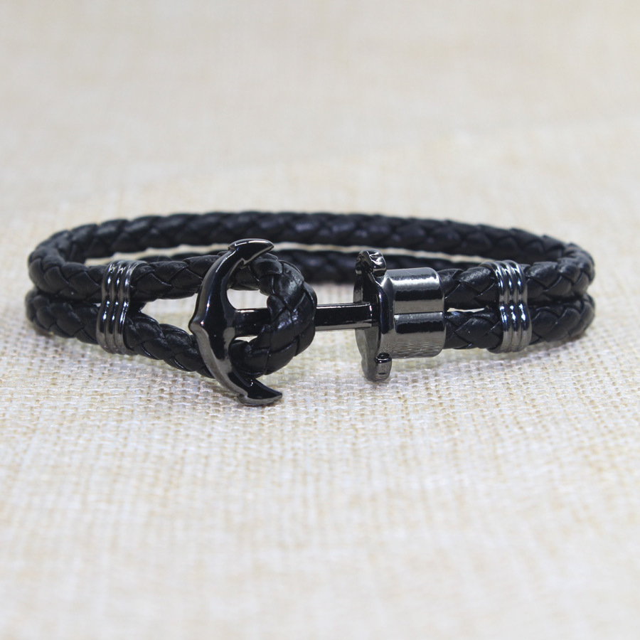 Bracelet Ancre Phrep Pour Hommes En Cuir Noir Ancre En Noir Ip