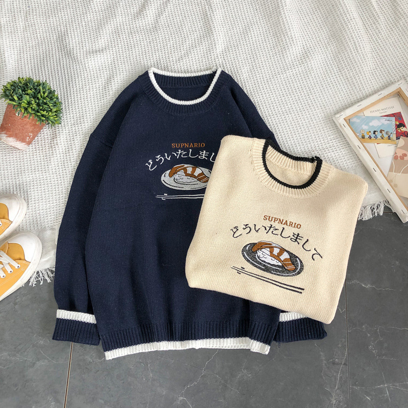 Cartoon Anime Retro Hit Color Round Neck Loose Men's And Women's Pullover Sweater