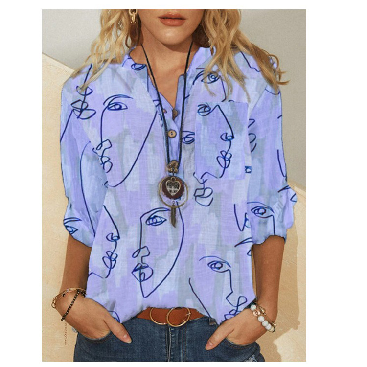 Printed Long Sleeve V-Neck Loose Shirt