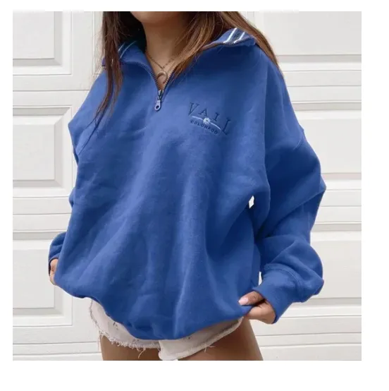 Ladies Casual Stand Collar Loose Sweatshirt Blue - Shop at LoveMi