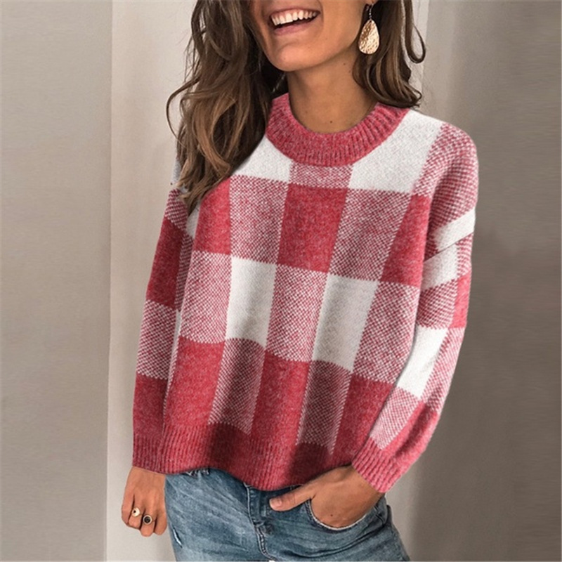 Colorblock Plaid Loose Long-sleeved Pullover Rabbit Fur Sweater