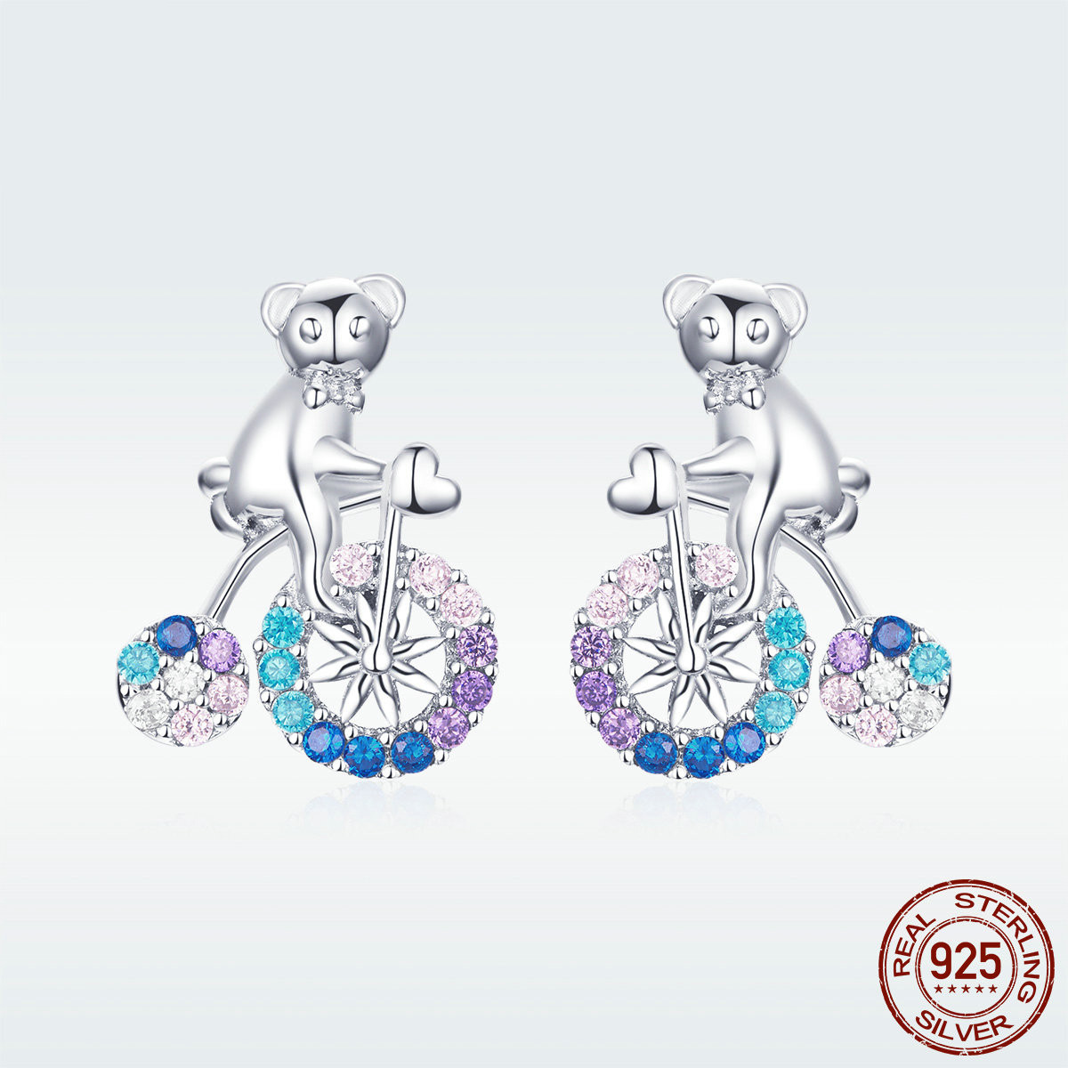 S925 Cycling Bear Girl Zircon Stud Earrings