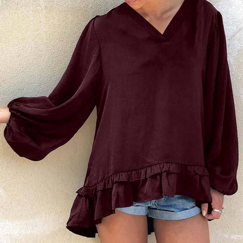 V-neck Lantern Long-sleeved Ruffled Women's T-shirt