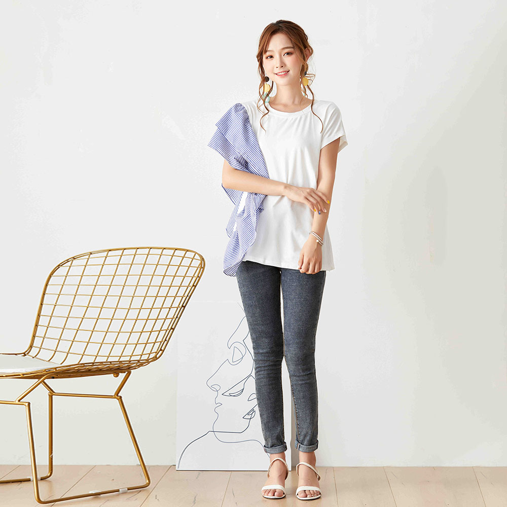 Striped Irregular Stitching Ruffled Short Sleeves