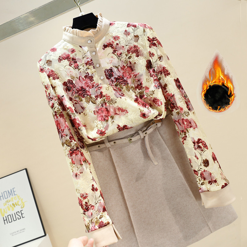 Slim All-Match Stand-Up Collar Plus Velvet Padded Lace Bottoming Shirt For Women