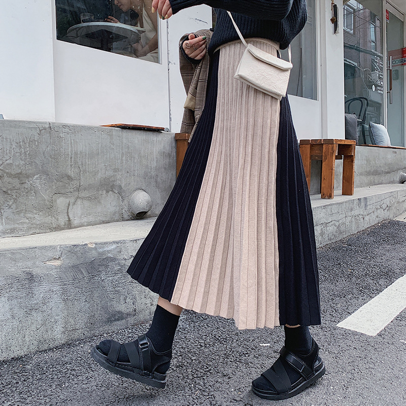 New Retro Style Contrast Color Stitching Knitted High Waist Pleated Mid Length Skirt Women
