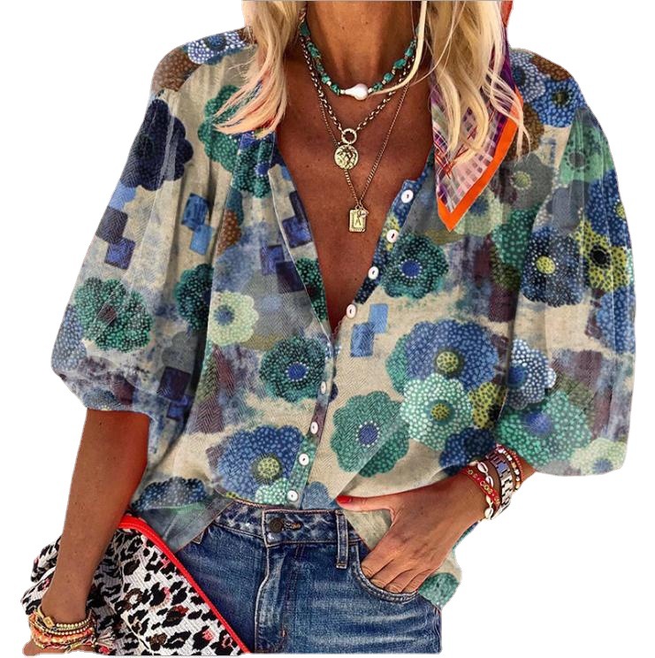 Ladies Cardigan Stand Collar Printed Shirt