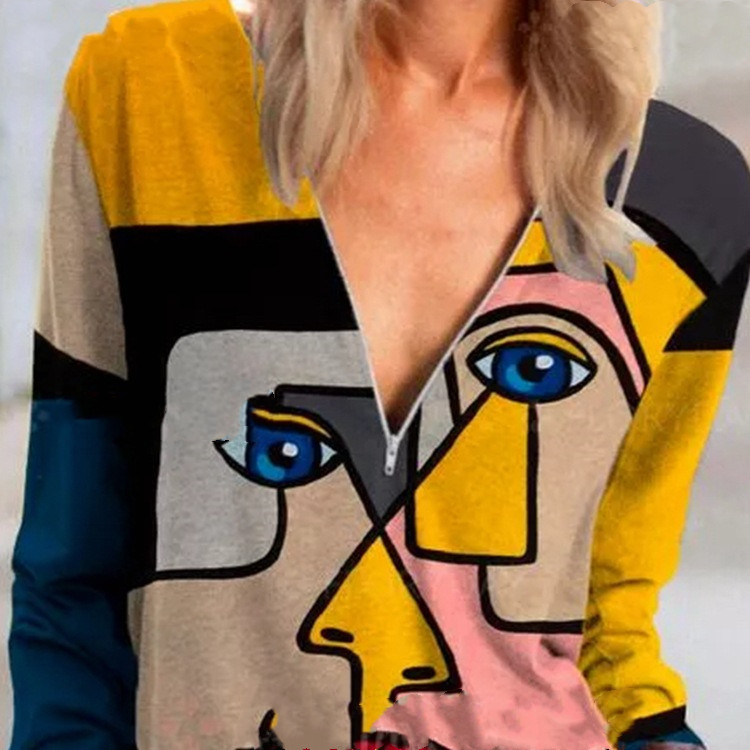 Ladies Cartoon Character Printed Sweatshirt Zipper V Neckline