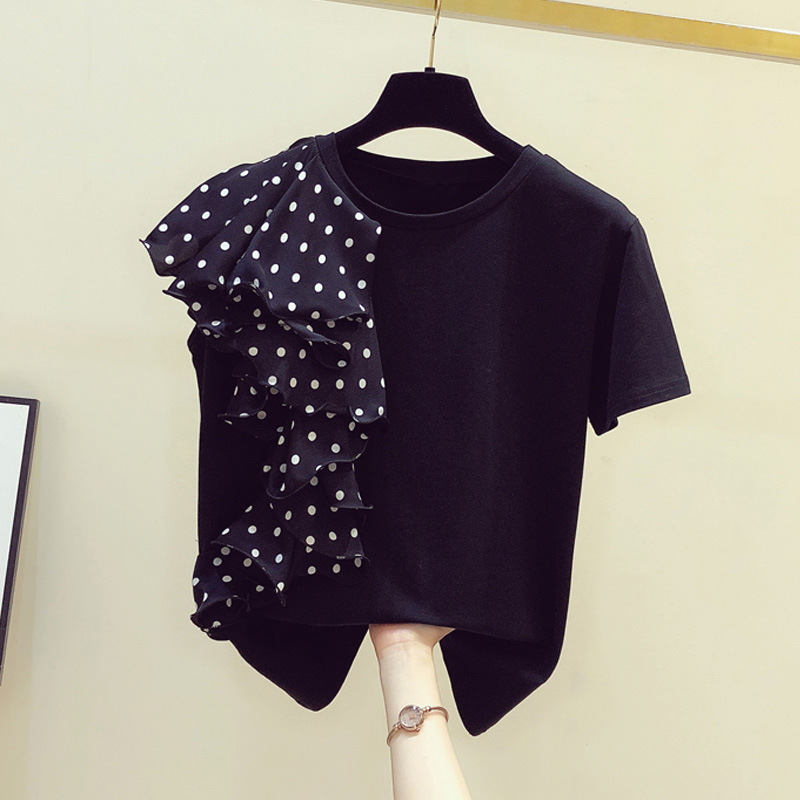 Polka Dot Ruffle Stitching T-shirt Women Short Sleeves