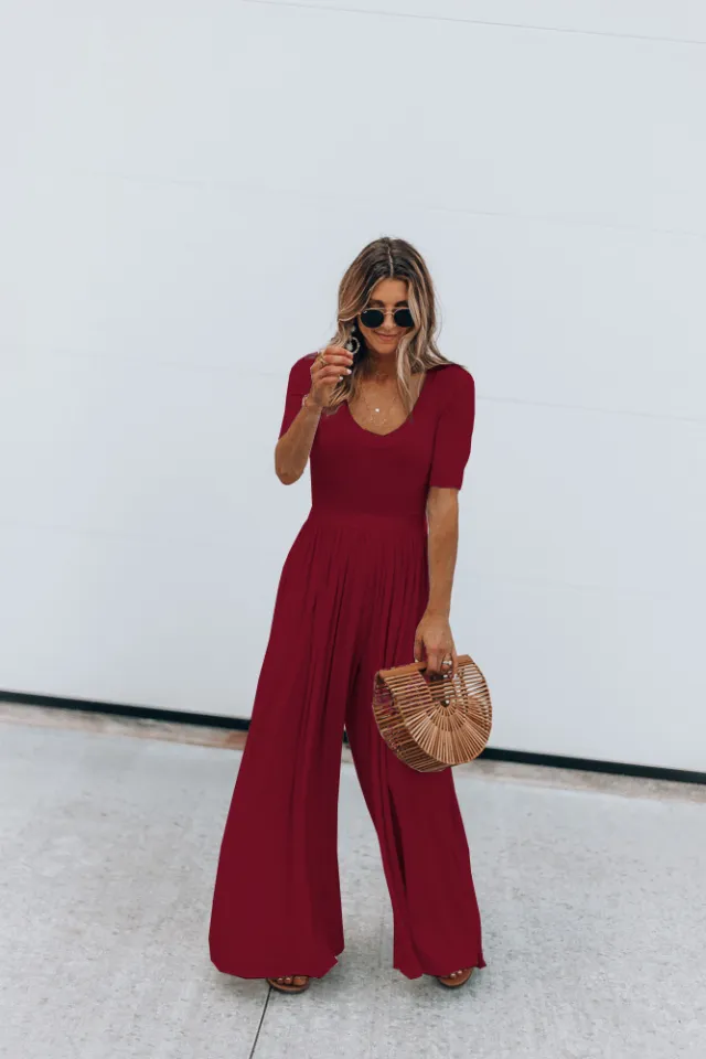 Ladies Fashion Solid Color Short Sleeve Wide Leg Loose Jumpsuit Wine - Shop at LoveMi