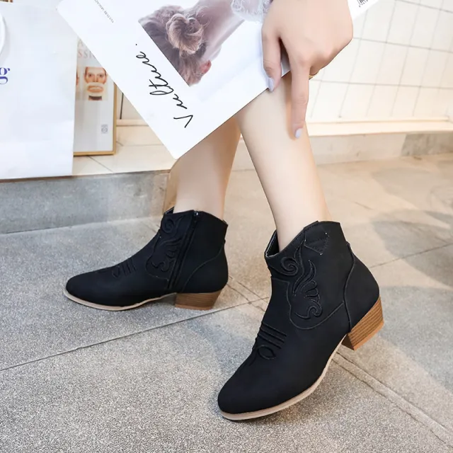 Side Zipper Short Boots Retro Embroidered Low Tube Suede Thick Heel Martin Boots Women Red - Shop at LoveMi