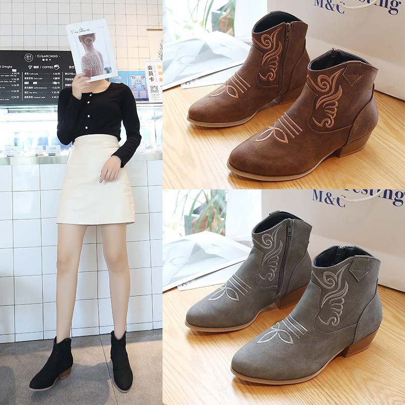 Side Zipper Short Boots Retro Embroidered Low Tube Suede Thick Heel Martin Boots Women