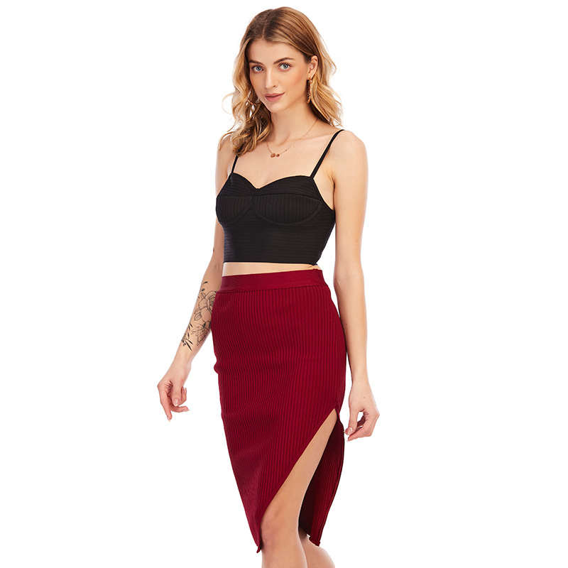 Title 2, Solid Color Slim Bandage High Waist Split Skirt