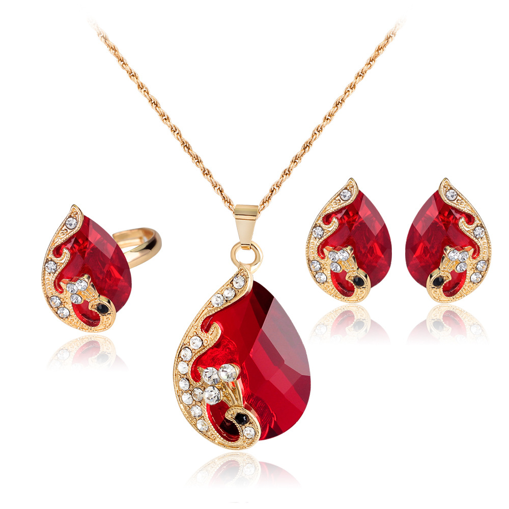 Multicolor Peacock Necklace Earrings Ring Set