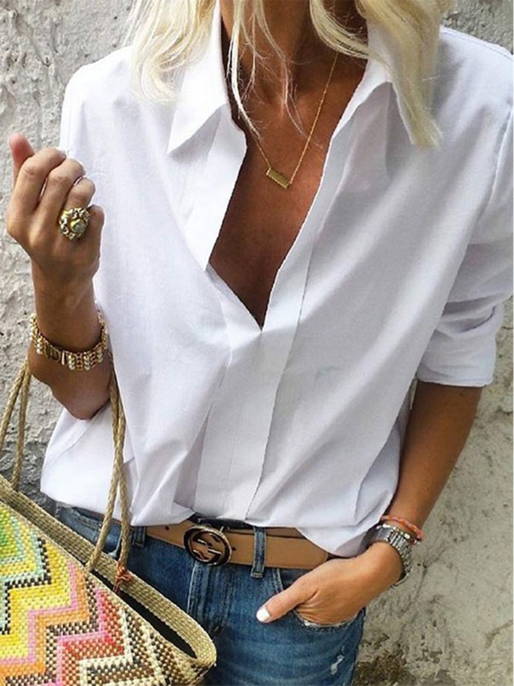 Long Sleeve V-neck Printed Loose Blouse