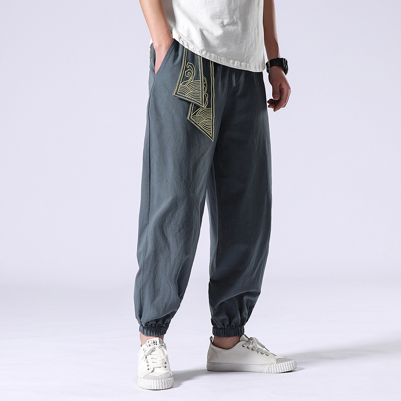 Summer Tang Men's Pants Retro Embroidery Hanfu Necking Pants