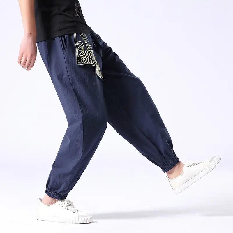 Summer Tang Men's Pants Retro Embroidery Hanfu Necking Pants
