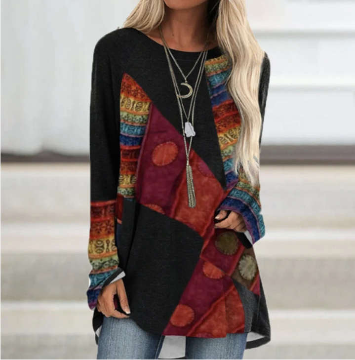 Geometric Print Loose Round Neck Long Sleeves