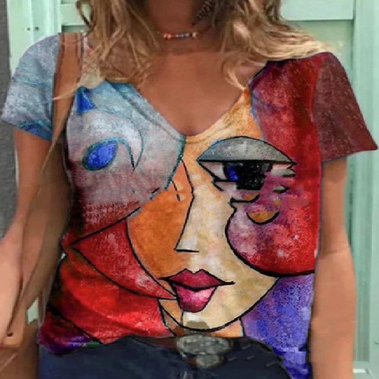 Printed Loose Urban Casual Pullover Short Sleeves