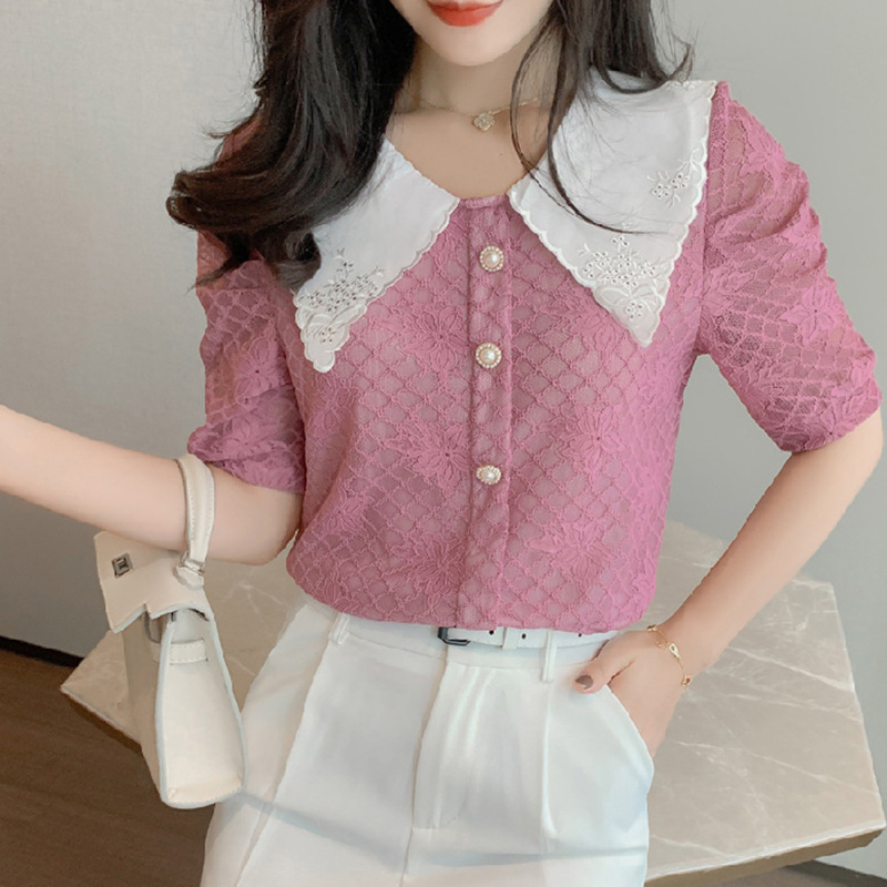 Big Lapel Doll Collar White Shirt Women Short Sleeves
