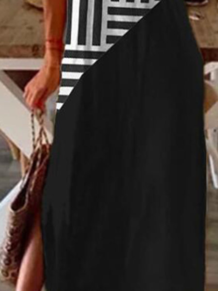 Striped Stitching Fashion Hem Slit Dress