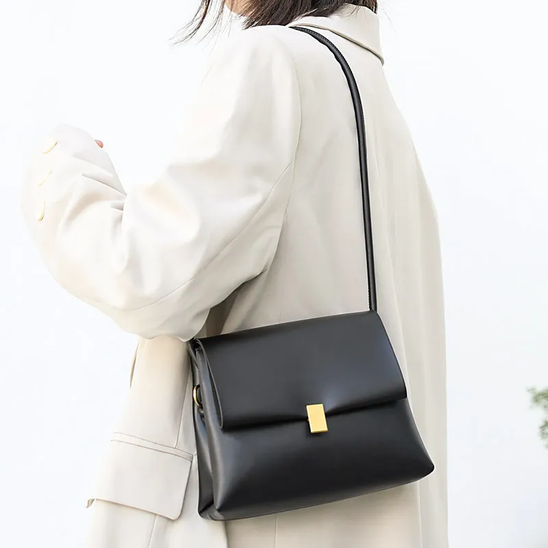 Fashion Soft Leather Shoulder Bag Double Flap Crossbody Female Bag - Black