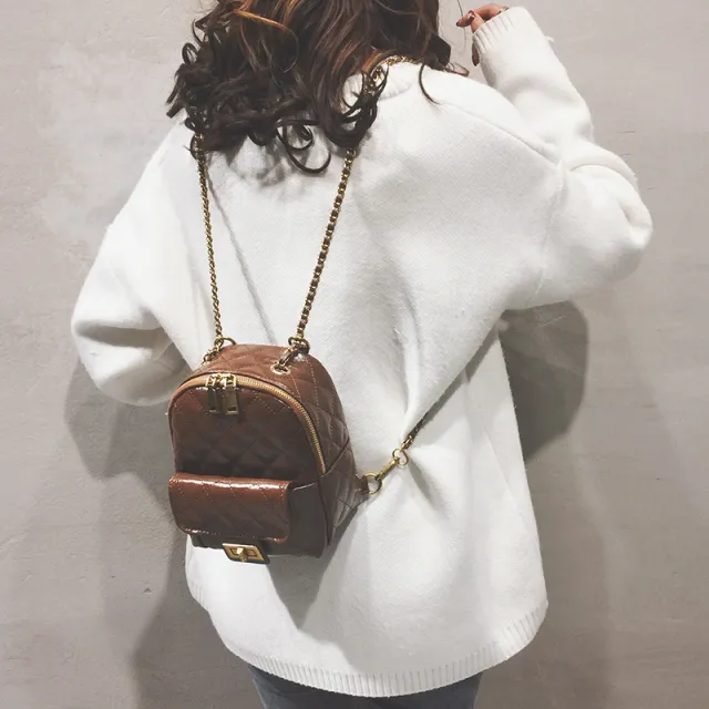 Backpack All Match Rhombus Small Backpack Chain School Bag Brown - Shop at LoveMi