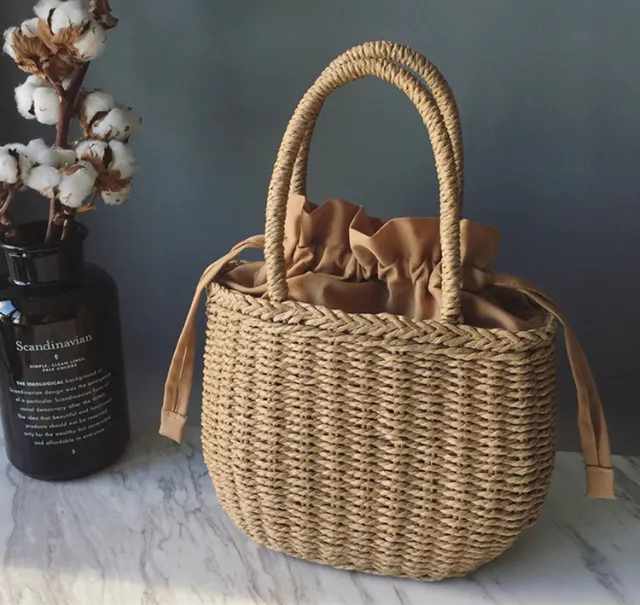 Drawstring Portable Thick Paper Rope Woven Bag Khaki - Shop at LoveMi