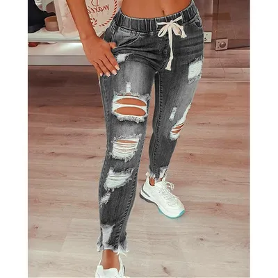 Thin Women's Jeans Trousers With Ripped Holes Grey - Shop at LoveMi